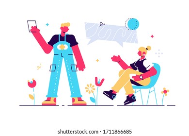 Mix race couple chat bubbles communicating speech dialogue man woman character background portrait copy space horizontal flat vector illustration. Flat style modern design for web page, cards, poster