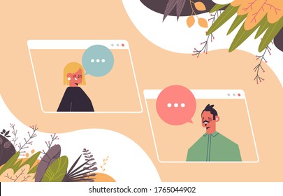 mezcla de pareja de razas charlar durante videollamadas hombre mujer con comunicación virtual en directo autoaislamiento concepto de cuarentena retrato horizontal vectorial