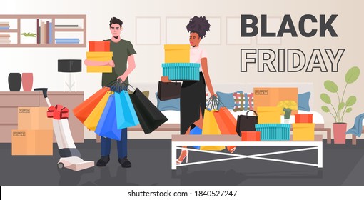 mix race couple with colorful shopping bags man woman having fun black friday big sale promotion discount concept living room interior full length horizontal vector illustration
