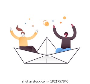 mix race couple floating on paper boat happy man woman traveling together horizontal isolated vector illustration