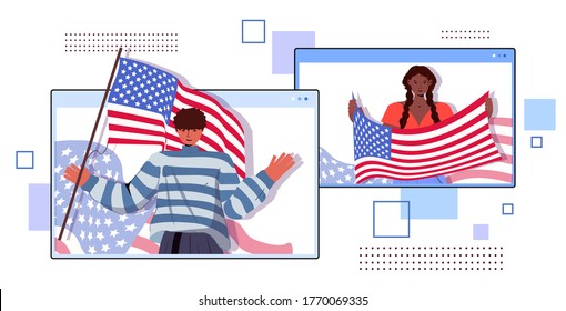 mix race couple holding usa flags celebrating 4th of july independence day concept man woman in web browser windows portrait horizontal vector illustration