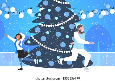 mix race couple at ice-skating outdoor rink with decorated fir tree merry christmas new year holidays concept winter landscape background full length horizontal vector illustration