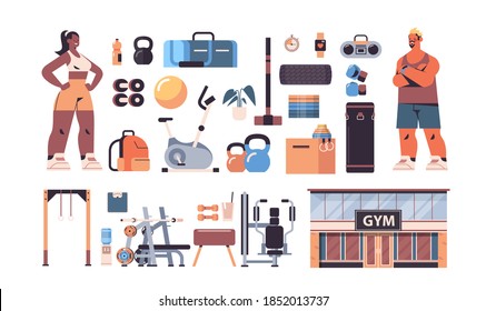 mix race couple in sportswear with different equipment gym tools set fitness training healthy lifestyle concept horizontal full length vector illustration