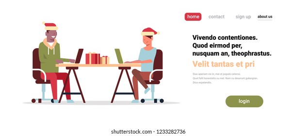 mix race couple working together office workplace merry christmas happy new year celebrating concept flat horizontal copy space vector illustration