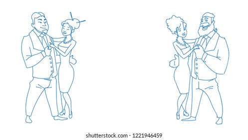 mix race couples in love man woman lovers embrace sketch doodle horizontal vector illustration
