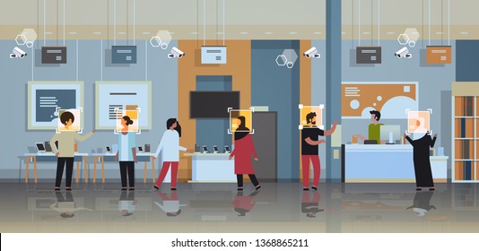 mix race customers choosing digital devices identification facial recognition concept modern electronics store shop interior security camera surveillance cctv system horizontal full length