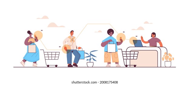 mix race customers using smartphones for paying at cash desk online shopping ecommerce smart purchasing