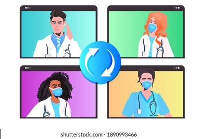 mix race doctors in masks discussing during video call online consultation virtual conference fight against covid-19 concept portrait horizontal vector illustration
