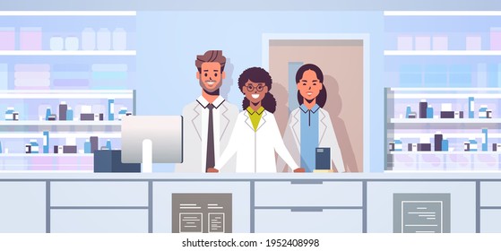 mix race doctors pharmacists team standing at pharmacy counter modern drugstore interior medicine healthcare concept horizontal portrait