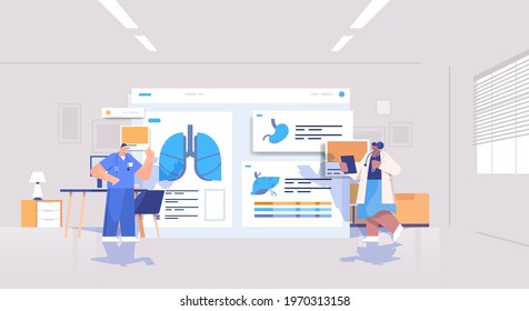 mix race doctors team learning patient organs analyzing medical data on virtual board medicine healthcare concept