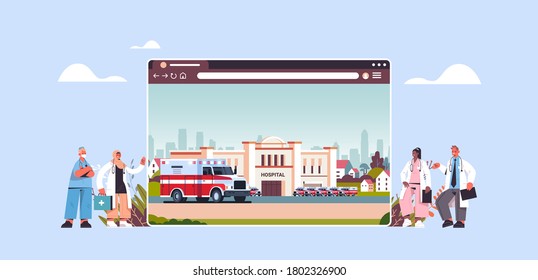 mix race doctors team near hospital building in web browser window digital medicine concept horizontal full length vector illustration