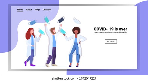 mix race doctors team taking off face masks celebrating victory over coronavirus pandemic quarantine covid-19 is ending concept horizontal copy space full length vector illustration