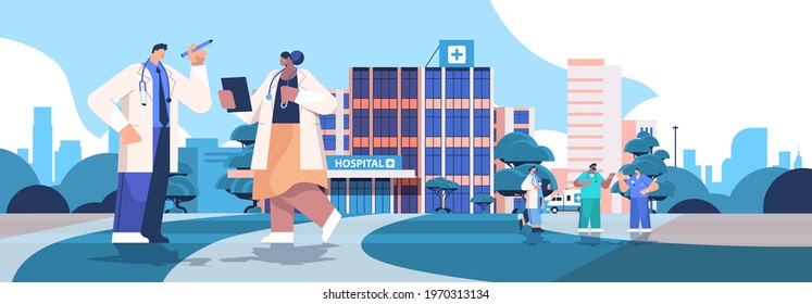 mix race doctors in uniform discussing during meeting neat modern hospital building healthcare medicine concept