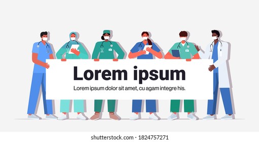 mix race doctors in uniform wearing masks to prevent coronavirus pandemic concept medical workers holding copy space banner horizontal full length vector illustration