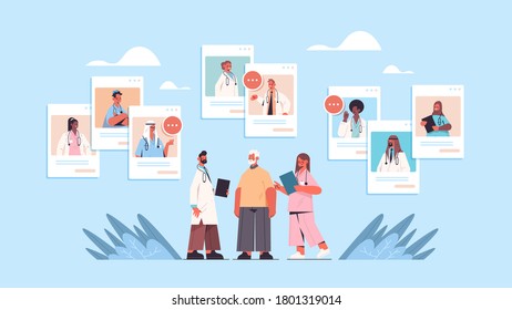 mix race doctors in web browser windows consulting senior male patient online medical consultation healthcare medicine concept horizontal vector illustration