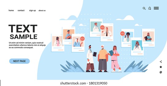 mix race doctors in web browser windows consulting senior male patient online medical consultation healthcare medicine concept horizontal copy space vector illustration