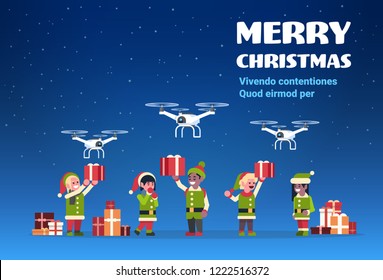 mix race elf santa claus helper holding gift box drone present delivery service christmas holiday new year concept flat horizontal copy space vector illustration