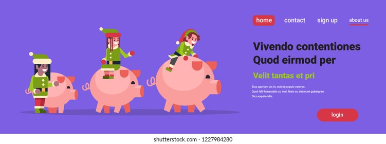 mix race elf team riding pigs merry christmas holiday new year concept flat horizontal banner copy space vector illustration