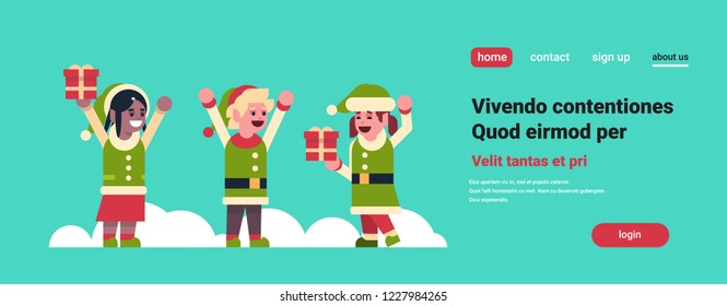 mix race elves girl boy santa claus helper hold gift box present merry christmas holiday new year concept flat horizontal banner copy space vector illustration