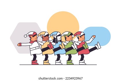 mix race elves having fun santa helpers team celebrating happy new year merry christmas holidays greeting card