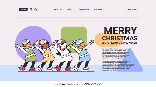 mix race elves having fun santa helpers team celebrating happy new year merry christmas holidays greeting card