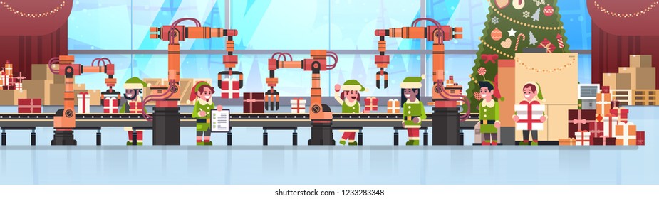 mix race elves santa claus helper hold checklist teamwork conveyor system industry new year merry christmas concept flat horizontal banner vector illustration