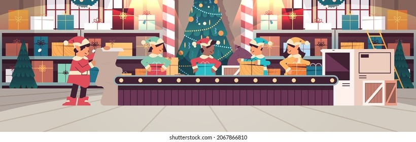 mix race elves team putting gifts on machinery line conveyor belt happy new year christmas holidays celebration