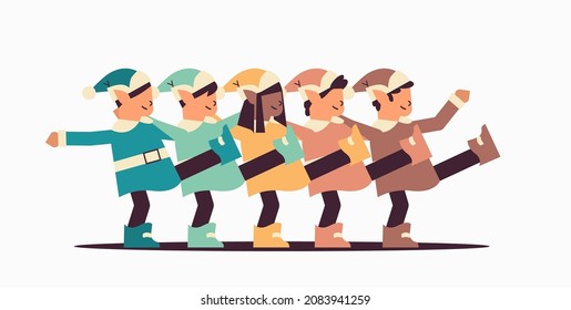 mix race elves in uniform having fun santa helpers team celebrating happy new year merry christmas holidays