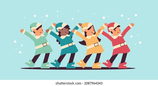 mix race elves in uniform having fun santa helpers team celebrating happy new year merry christmas holidays