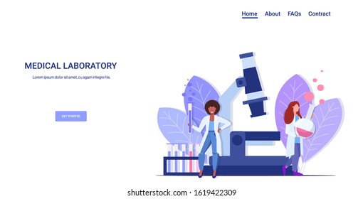 mix race female doctors doing research chemical laboratory scientists making experiments holding test tubes with liquid women working with microscope in genetic medical lab full length horizontal
