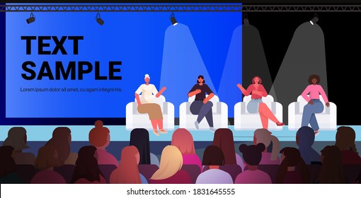 mix race female friends discussing during meeting in women's club girls supporting each other union of feminists concept conference hall interior horizontal full length vector illustration