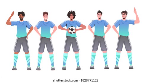 futbolistas de raza mixta de pie juntos equipo de fútbol listo para iniciar el partido ilustración horizontal de vector de longitud completa