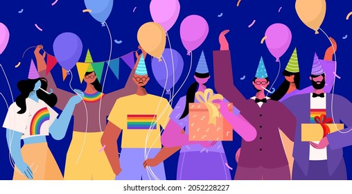 mix race friends celebrating lgbt pride parade together transgender love concept horizontal