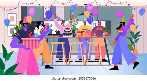 mix race friends celebrating lgbt pride parade together transgender love concept living room interior