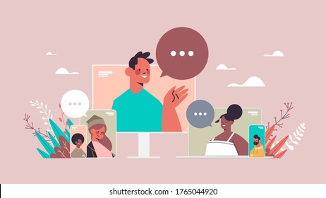 mix race friends chatting during video call people having virtual live conference communication self isolation quarantine concept portrait horizontal vector illustration