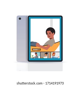 mix race friends meeting during video call Covid-19 pandemic coronavirus quarantine concept people having virtual fun live conference tablet screen vector illustration