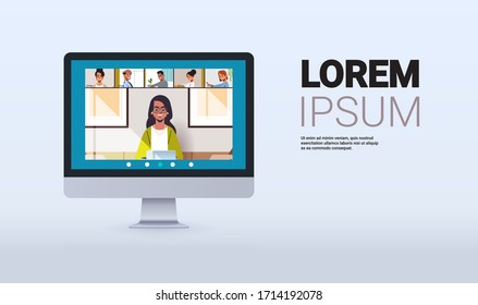 Mix Race Friends Meeting During Video Call Covid-19 Pandemic Coronavirus Quarantine Concept People Having Virtual Fun Live Conference Monitor Screen Horizontal Copy Space Vector Illustration