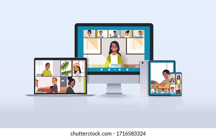 Mix Race Friends Meeting During Video Call Covid-19 Pandemic Coronavirus Quarantine Concept People Having Virtual Fun Live Conference On Different Devices Cross Platform Vector Illustration