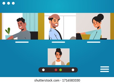 mix race friends meeting during video call stay and work from home Covid-19 pandemic coronavirus quarantine concept people having virtual fun live conference horizontal vector illustration