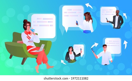 mix race friends using digital gadgets chat bubble communication concept