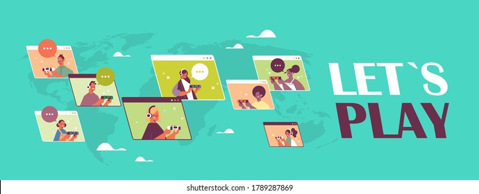 mix race friends using joysticks playing video games in web browser windows during virtual conference meeting lets play cncept horizontal portrait vector illustration