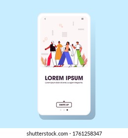 mix race friends walking outdoor men women spending time together people standing together smartphone screen mobile app copy space full length vector illustration