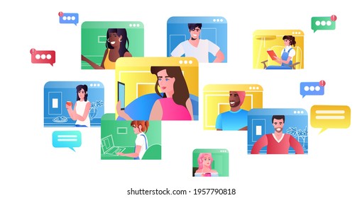 mix race friends in web browser windows chatting during video call virtual conference online communication
