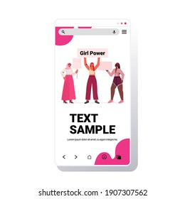 mix race girls activists holding posters female empowerment movement women power concept smartphone screen copy space vector illustration