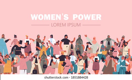 mix race girls of different nationalities and cultures standing together female empowerment movement women's power union of feminists concept horizontal portrait vector illustration