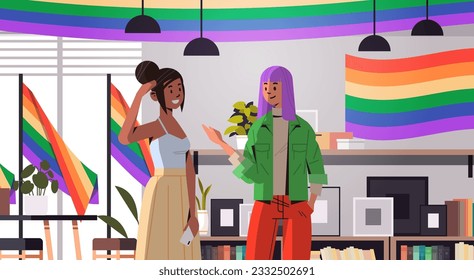 mix race girls discussing during meeting in office lgbt rainbow flag transgender love generation Z concept
