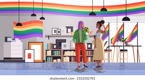 mix race girls discussing during meeting in office lgbt rainbow flag transgender love generation Z concept