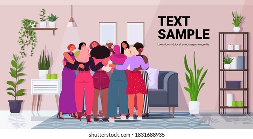 mix race girls embracing standing together female empowerment movement women power concept living room interior full length horizontal copy space vector illustration