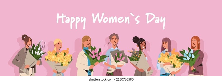 mix race girls holding bouquets of flowers 8 march happy womens day celebration concept horizontal