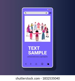 mix race girls holding hands standing together female empowerment movement women power concept smartphone screen copy space full length vector illustration